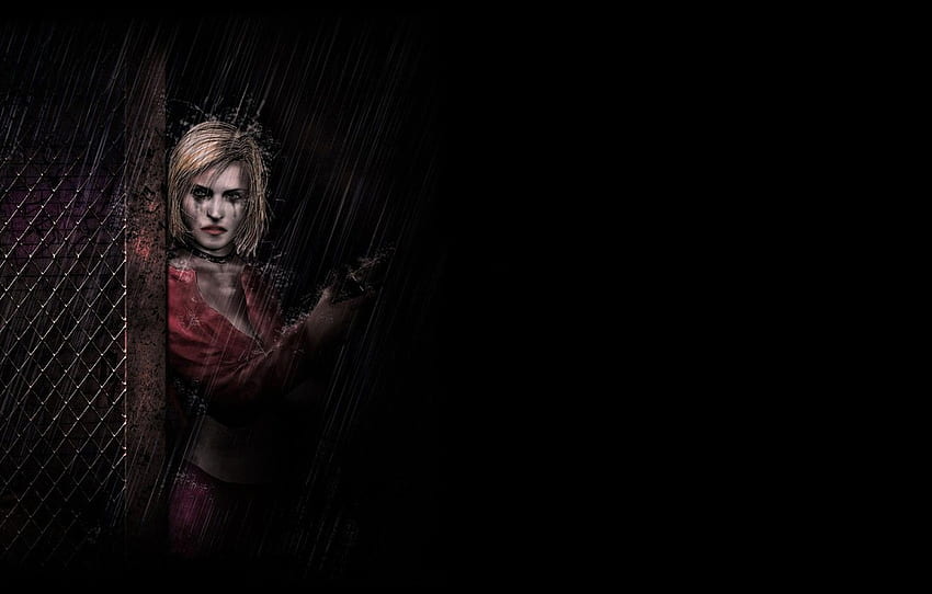 girl, gun, rain, the fence, grille, art, blonde, black background, Maria, the shower, Maria, Silent Hill - for , section игры, Silent Hill 2 HD wallpaper