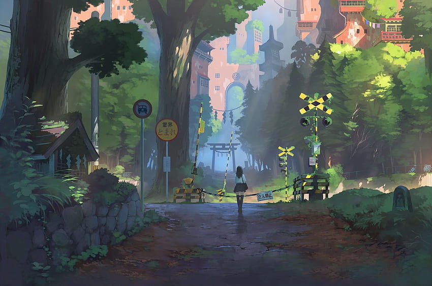 Anime Girl, Scenic, Nature, Fantasy World, Walking, Buildings para Chromebook Pixel fondo de pantalla