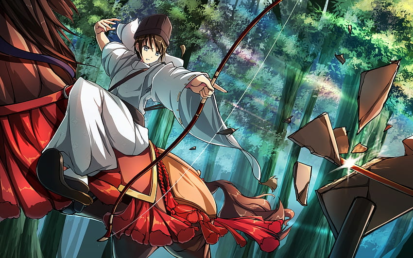 all male animal bow (weapon) brown hair forest gray eyes hat horse japanese clothes male original riburanomind short hair sport tree weapon. Anime HD wallpaper