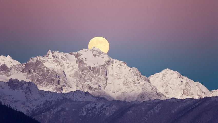 nascer da lua sobre majestosa montanha, inverno, lua, floresta, montanha papel de parede HD