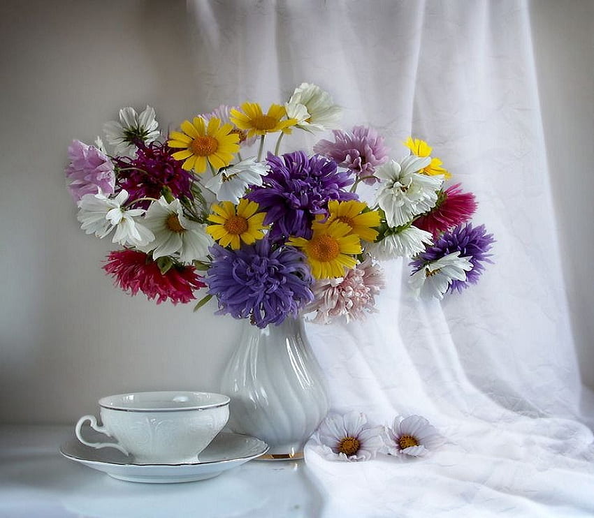 Colorful Floral, daisies, nice, sunflowers, petals, cloth, saucer, white, vase, beautiful, cup, silk, purple, still life, rainbow, pretty, daisy, yellow, red, flowers, lovely, hyacinth, harmony, lilac HD wallpaper