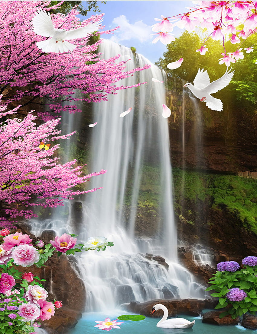 beibehang กำหนดเองขนาดใหญ่พร้อมน้ำตกที่สวยงามและน้ำตกที่สวยงาม กำหนดเอง . น้ำตกดอกไม้ วอลล์เปเปอร์โทรศัพท์ HD