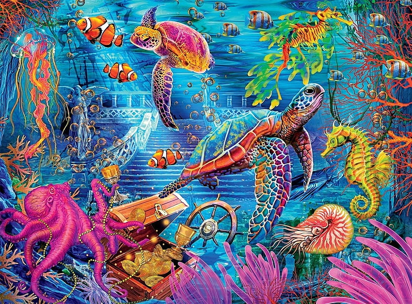 Underwater, pictura, pesti, fish, water, sea, coral, art, turtle, pink, octopus, ocean HD wallpaper