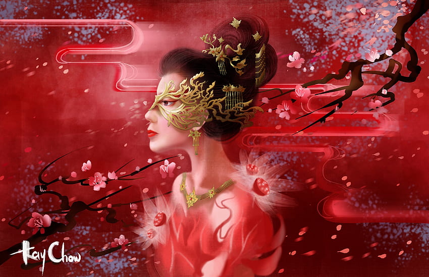 Çin maskesi, frumusete, chow kay, maske, asya, çince, kız, fantezi, kırmızı, luminos HD duvar kağıdı