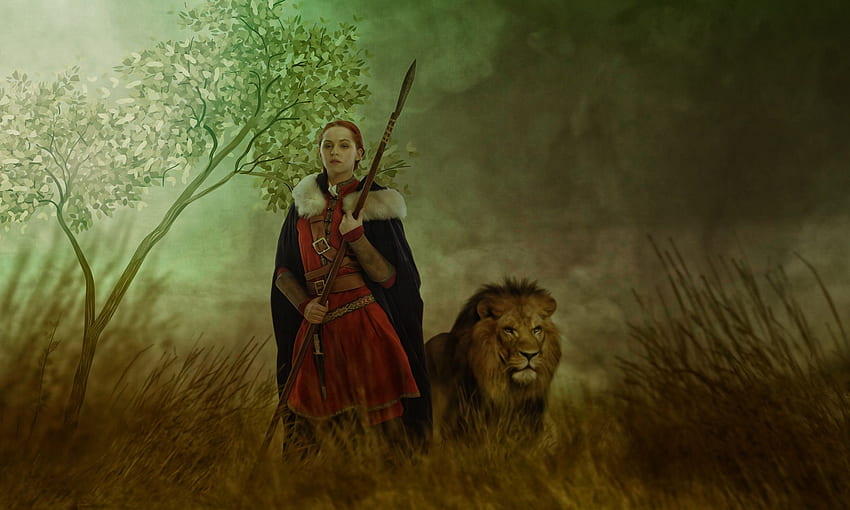 Chica cazadora lanza león mujer guerrera. . 1232328. ARRIBA fondo de pantalla