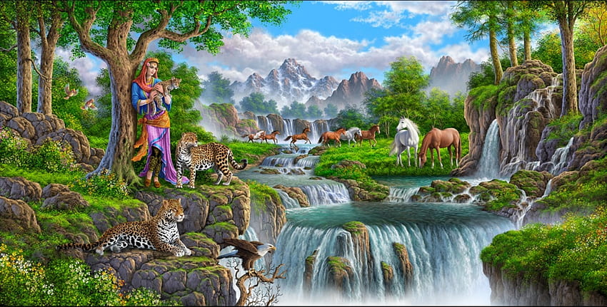 Idyllic scene, horse, frumusete, tiger, abolfazl mirzabeygi, cal, ppictura, tree, summer, instrument, painting, pictura, hirse, waterfall, water, vara HD wallpaper