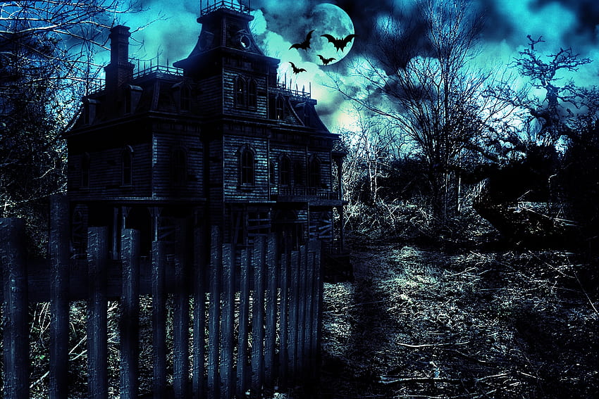 House of Ruin, Twilight, Hop, Spooky, Horror, Fledermäuse, Spuk, Haus, Ruine, Dunkelheit, Halloween HD-Hintergrundbild
