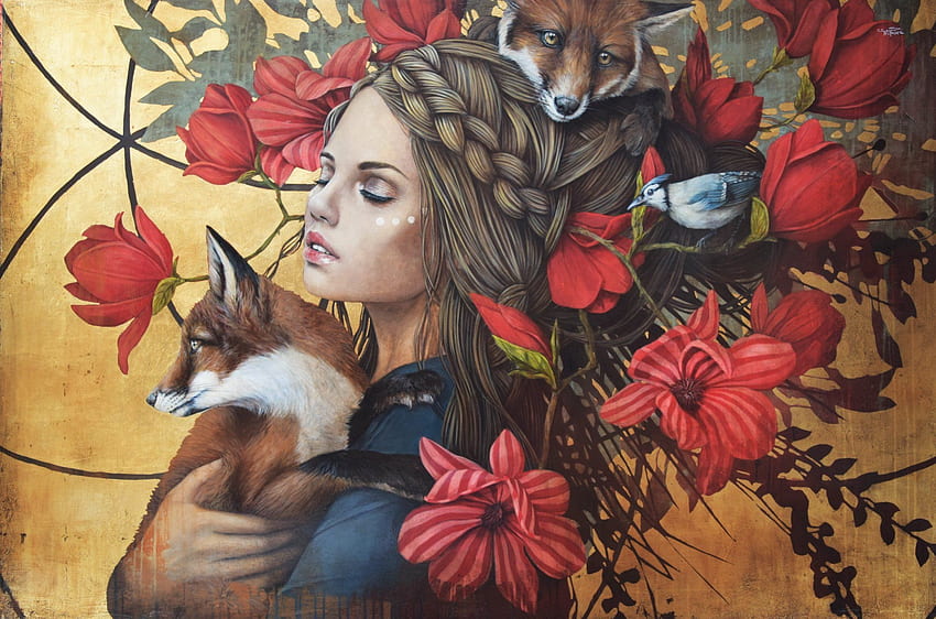 :), animal, bird, red, flower, sophie wilkins, vulpe, girl, fox, magnolia HD wallpaper