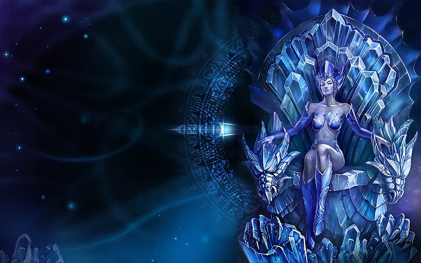Ice Queen, corona, pelle blu, fantasia, teste di drago, trono, donna, ghiaccio Sfondo HD