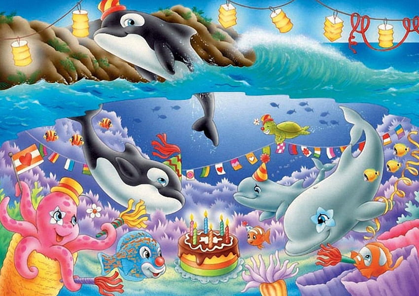 feliz aniversário, festa, cor, golfinhos, aniversário, feliz, criança, oceano papel de parede HD
