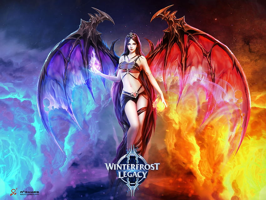 Demoness, blue, wings, bat, winterfrost legacy, girl, demon, purple, fantasy, yellow, red, game, luminos HD wallpaper
