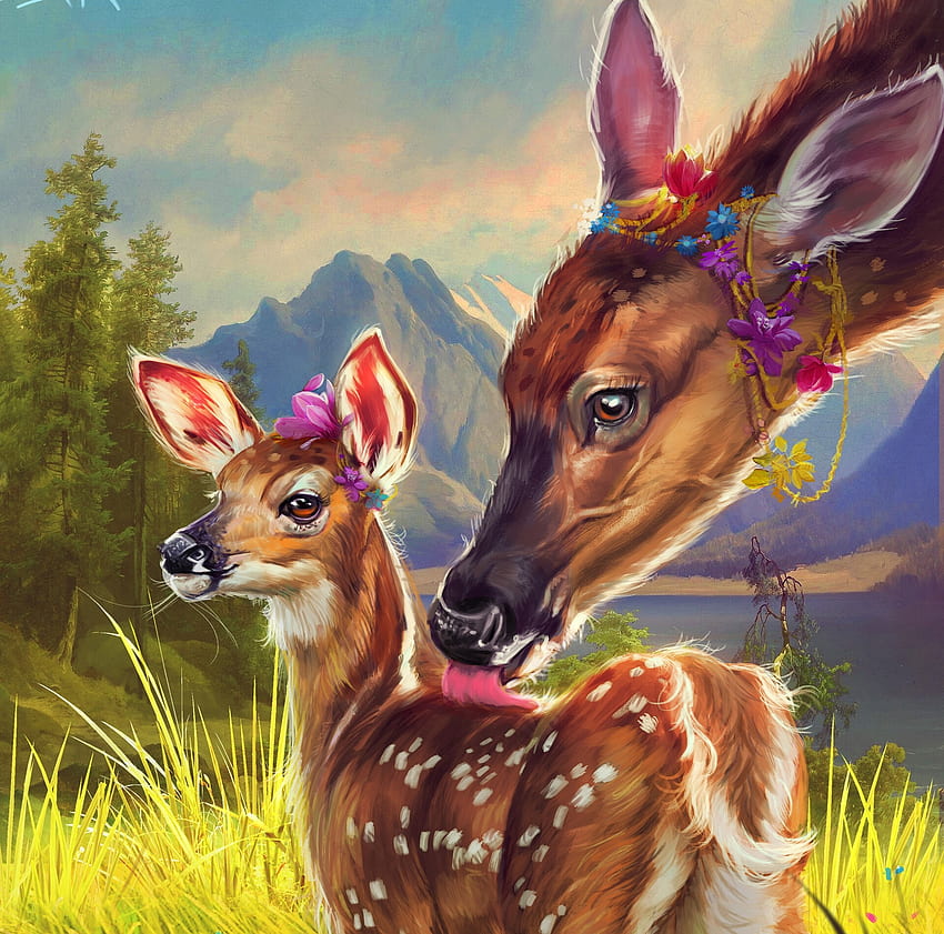 Mother's love, kaloyan stoyanov, animal, fantasy, deer, baby, cute, kiss, tongue, art HD wallpaper