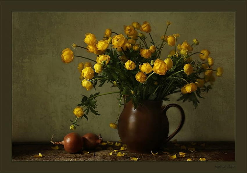 martwa natura, dzbanek, grafika, żółty, wazon, kwiaty, bukiet kwiatów Tapeta HD