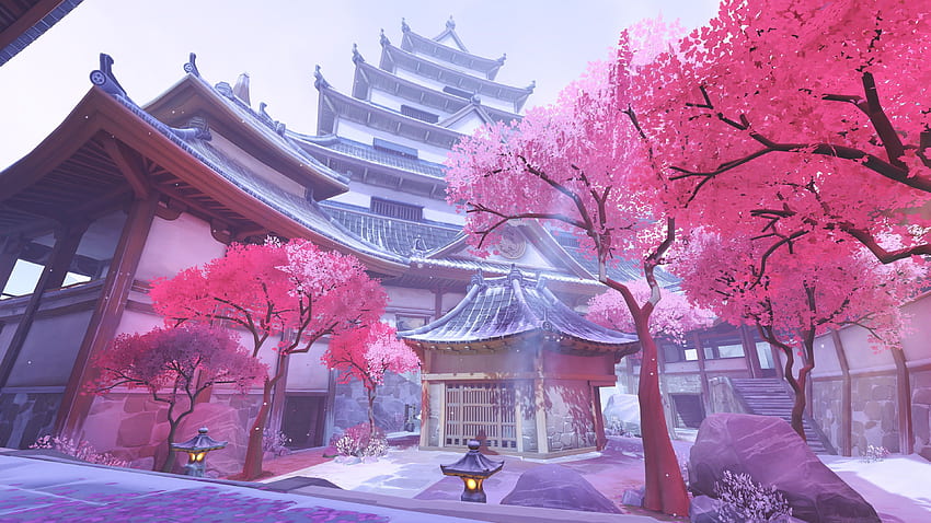 pagoda blanca y gris templo digital Hanamura (Overwatch) fondo de pantalla
