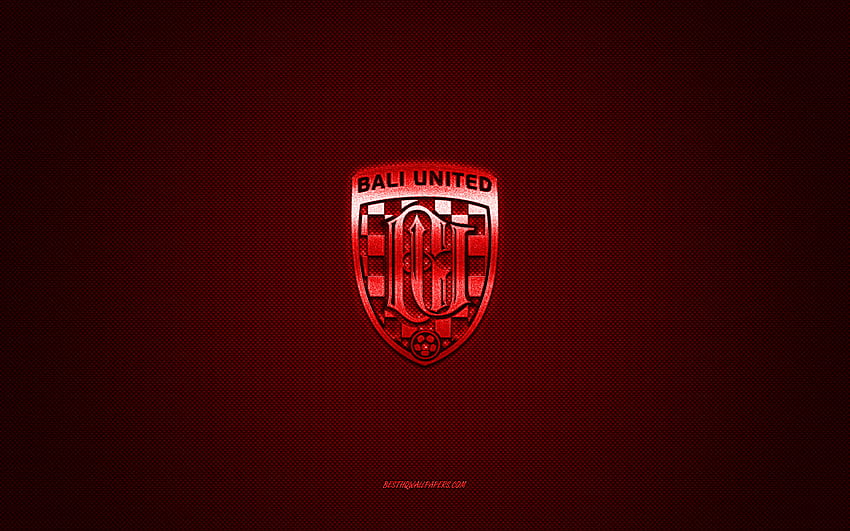 Bali United FC, indonezyjski klub piłkarski, czerwone logo, czerwone tło z włókna węglowego, Liga 1, piłka nożna, Bali, Indonezja, logo Bali United FC Tapeta HD