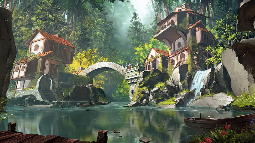 Kunst, Steine, Wasserfall, kleines Haus, Lodge HD-Hintergrundbild