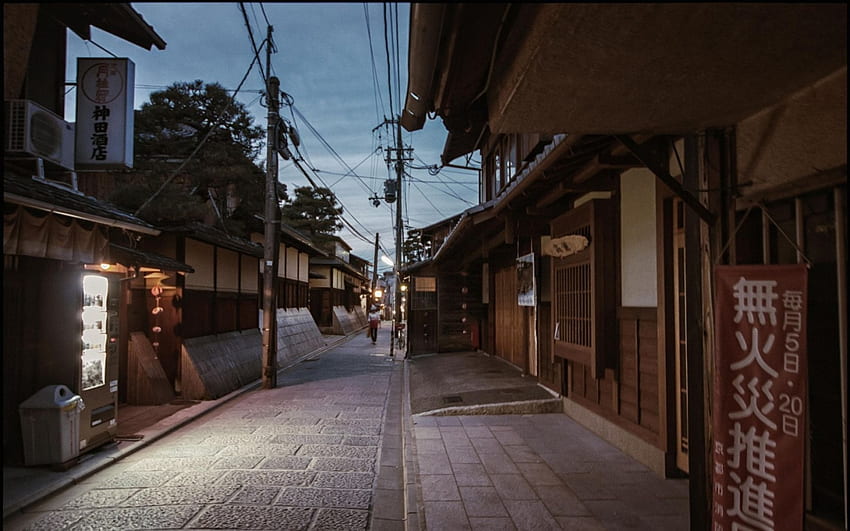 alleyway in a japanese town at dusk, stores, lights, electric lines, alley, dusk HD wallpaper