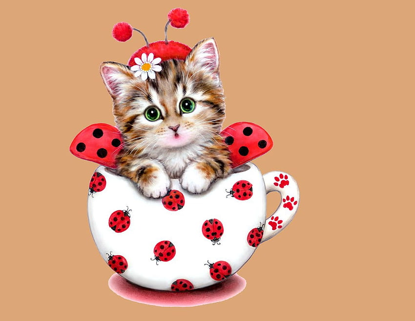 :), kitten, white, ladybug, cute, cat, cup, fantasy, pisici, red, kayoni harai, child HD wallpaper
