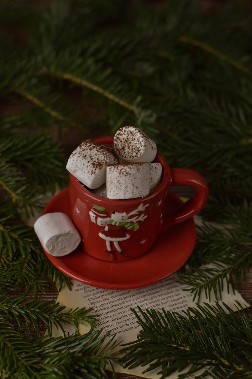 Holidays, New Year, Cup, Christmas, Branches, Spruce, Fir, Mug, Marshmallow, Zephyr HD phone wallpaper