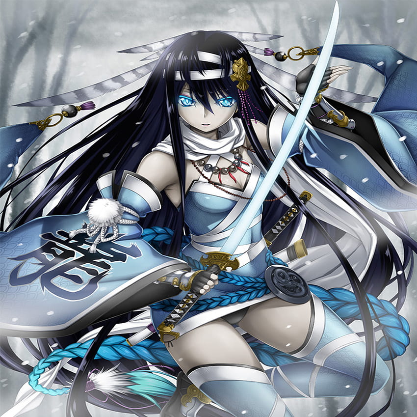 warrior, feather, black hair, katana, blue eyes HD wallpaper