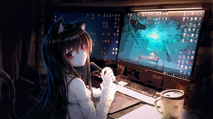 애니메이션 고양이 소녀, 커피, 방, 컴퓨터, 동물 귀, 귀여운 - 해상도:, 애니메이션 고양이 소녀 PC HD 월페이퍼