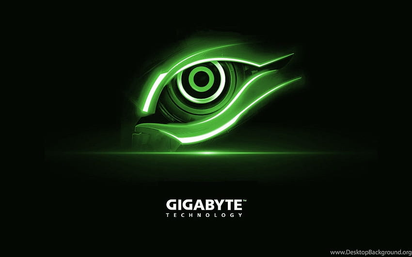 de logotipo de ojo verde de tecnología Gigabyte, logotipo verde fondo de pantalla