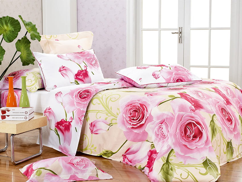 ห้องนอนสำหรับเจ้าหญิง สีขาว เตียง ดอกกุหลาบ หญิงสาว สีชมพู ห้องนอน แสง สดใส สีเขียว ธรรมชาติ ดอกไม้ เจ้าหญิง วอลล์เปเปอร์ HD