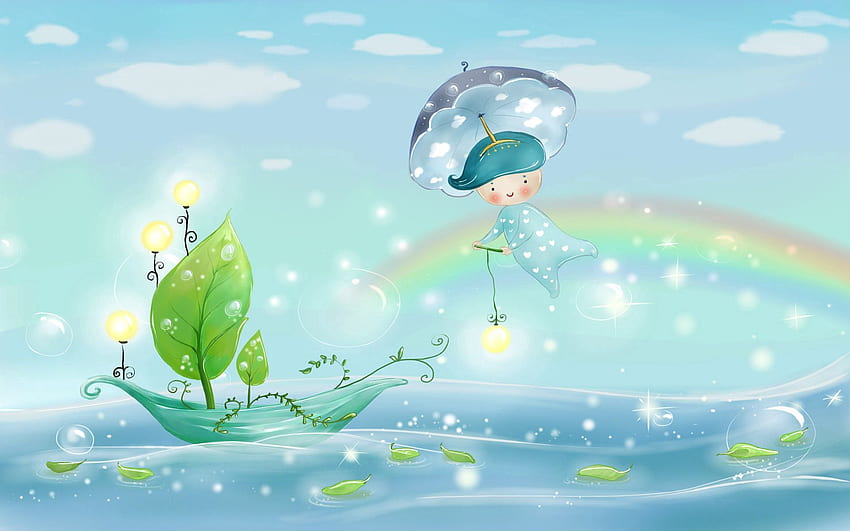 Sea, Nature, Water, Sky, Leaves, Rain, Bubbles, Clouds, Rainbow, Vector, Lights, Shine, Light, Lanterns, , Drawing, Boat, Sail, Umbrella, Boy, Weather HD wallpaper