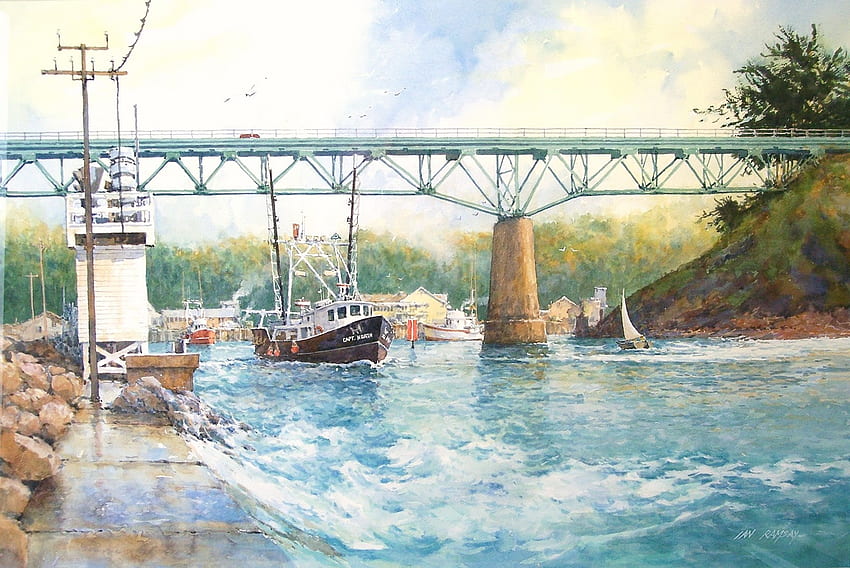 Ian Ramsay art, blue, boat, sea, ship, art, ian ramsay, buildings, waves, seaport, painting, bridge, water HD wallpaper