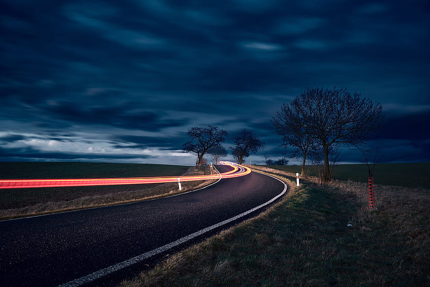 Night, landscape, highway, turn, long exposure HD wallpaper