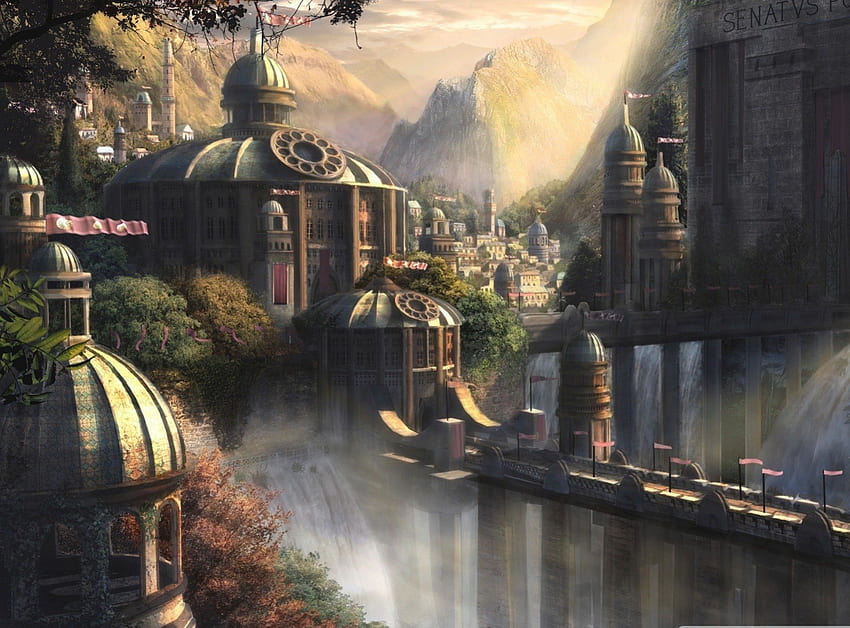 City Of Elfs, elfos, fantasia, cidade, luz papel de parede HD