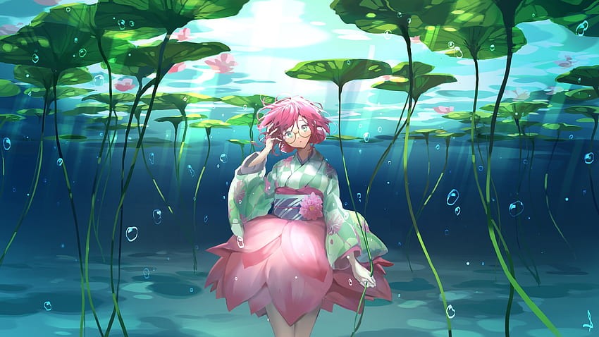 Flower girl, anime, underwater HD wallpaper