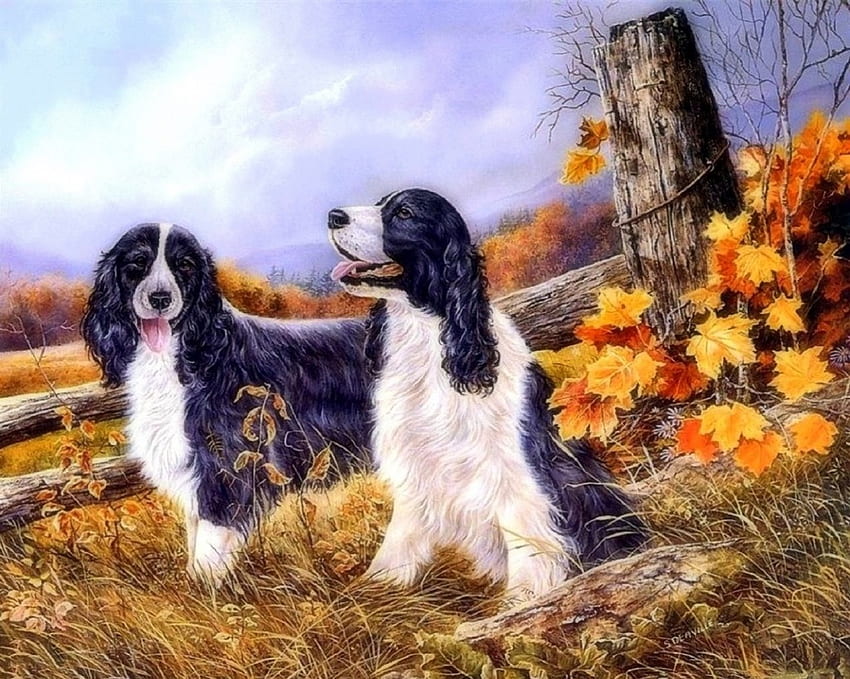 秋のカップル、四季を愛する、葉、動物、秋、犬、ドローイングとペイント、秋、絵画 高画質の壁紙