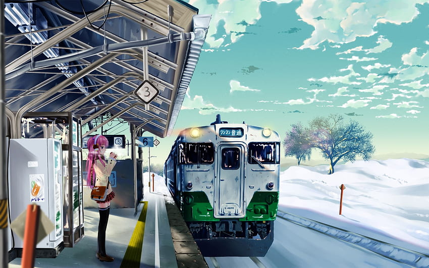 Japonia, śnieg, pociągi, stacje kolejowe, anime girls -, Japan City Anime Tapeta HD