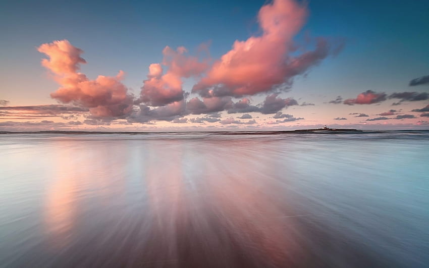 gorgeous pink clouds over sea, sea, lighthouse, pink, clouds, reflections HD wallpaper