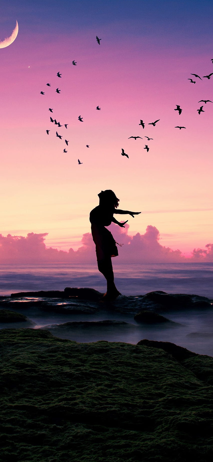 Mädchen, Pose, Vögel, Meer, Mond, Abenddämmerung, Silhouette U, Frau Vögel fliegen HD-Handy-Hintergrundbild