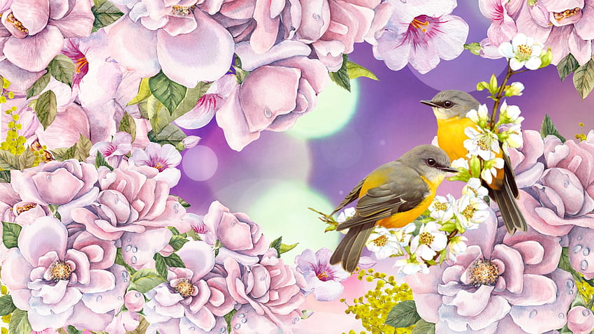 Fiori rosa primaverili, uccelli, rose, giardino, floreale, primavera, tema Firefox Persona, estate, rosa, boccioli, fiori, fiori Sfondo HD