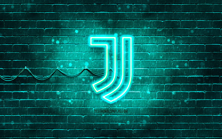 Logo turquoise Juventus FC, mur de briques turquoise, logo Juventus FC, marques, Juve, logo néon Juventus FC, Juventus FC, logo Juventus Fond d'écran HD
