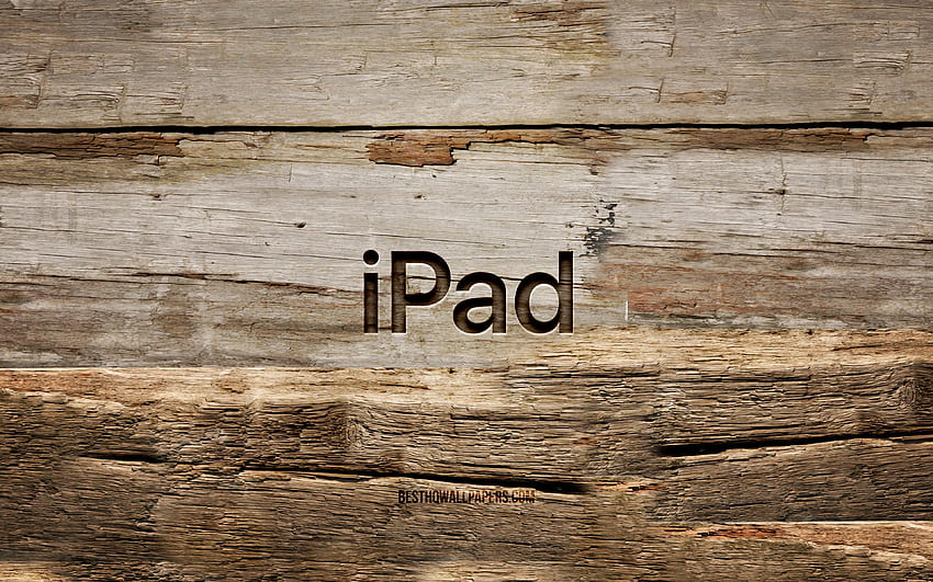 IPad wooden logo, , wooden backgrounds, brands, IPad logo, creative, wood carving, IPad HD wallpaper