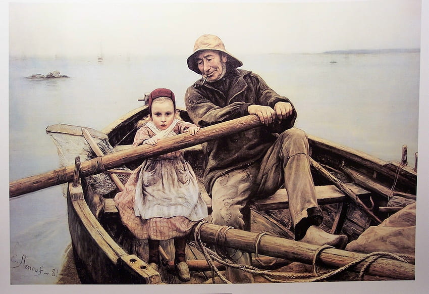 おじいちゃんの助け手、海、手漕ぎボート、パドリング、漁師、女の子、オール、手伝い 高画質の壁紙