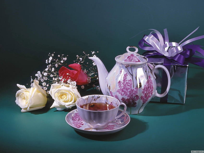 Food, Roses, Cup, Gift, Present, Tea, Teapot, Kettle HD wallpaper