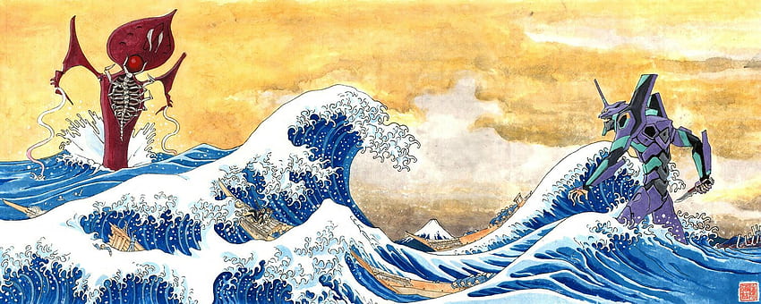 Ich habe super skaliert, dass die große Welle vor Kanagawa auf Evangelion Art trifft, Die große Welle vor Kanagawa HD-Hintergrundbild