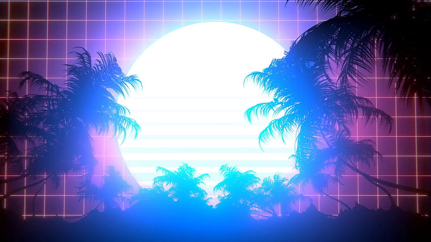 Ретро футуристичен фон Synthwave от 80-те на слънце и палми. Перфектно безпроблемна циклична анимация за отваряне. Фон на движение Storyblocks Видео HD тапет