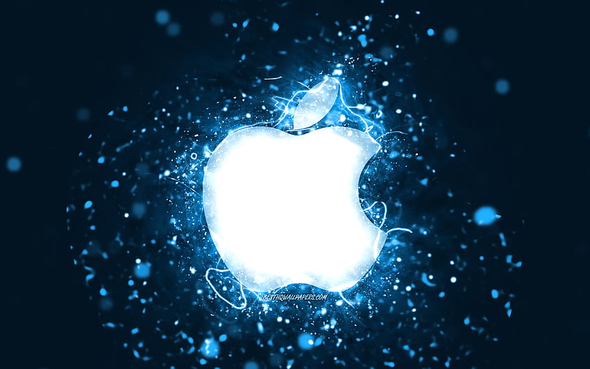 โลโก้ Apple สีฟ้า, ไฟนีออนสีฟ้า, สร้างสรรค์, พื้นหลังนามธรรมสีน้ำเงิน, โลโก้ Apple, แบรนด์, Apple สำหรับความละเอียด คุณสูง แอปเปิ้ลสีน้ำเงินนีออน วอลล์เปเปอร์ HD