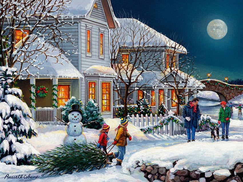 Holiday Walk งานศิลปะ ตุ๊กตาหิมะ ดวงจันทร์ คริสต์มาส หิมะ บ้าน หมู่บ้าน ตอนเย็น วาด วอลล์เปเปอร์ HD