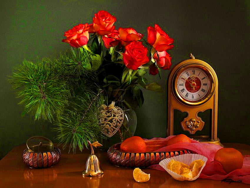Still life, roses, vase, fruits, nice, pretty, red, flowers, clock, lovely, harmony HD wallpaper