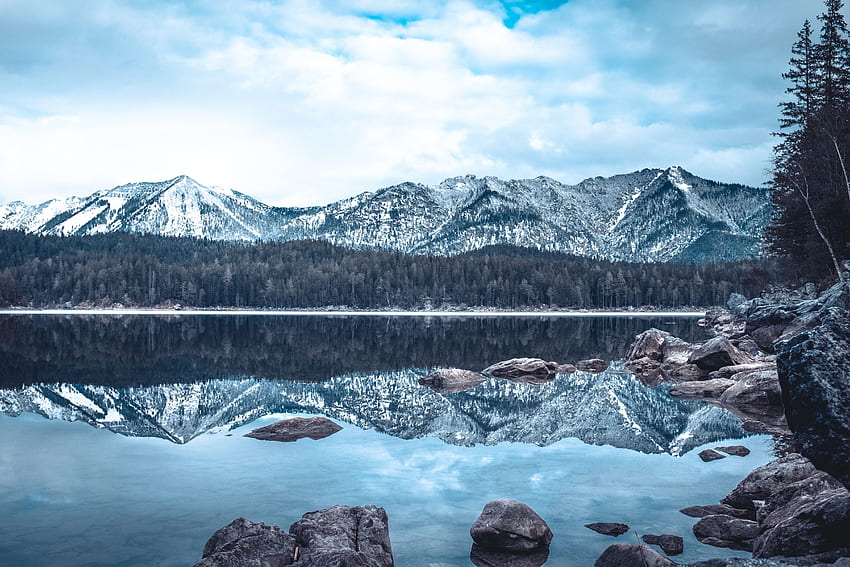 冬, 自然, 山, 湖, 反射 高画質の壁紙