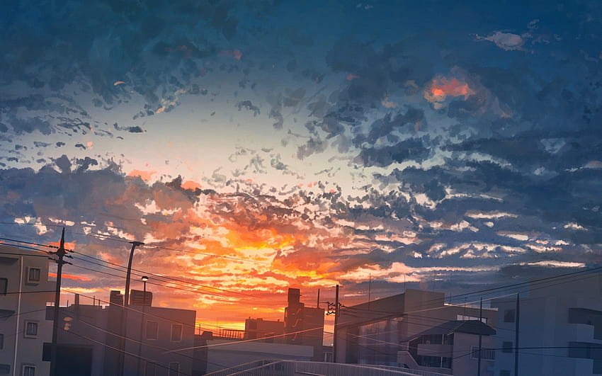 Anime City, Sunset, Buildings, Clouds, Dawn, Scenic for MacBook Pro 15 inch HD wallpaper