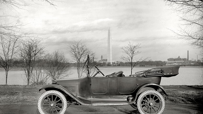 washington dc'de bir arabanın klasik gri tonlamalı sahnesi, nehir, araba, anıt, vintage, gri tonlama HD duvar kağıdı
