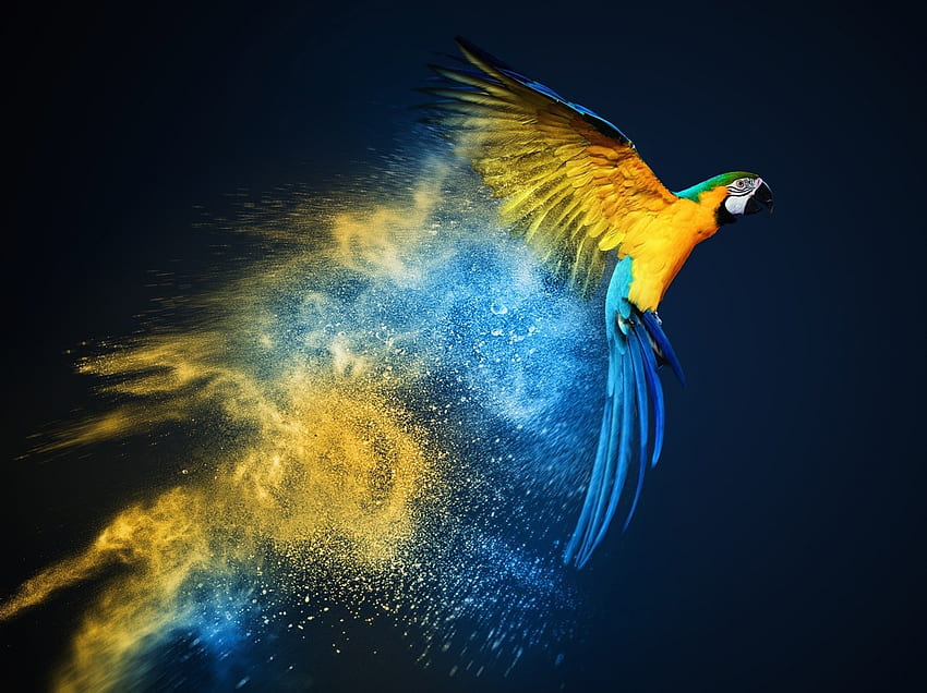 Flying parrot, dust, black, bird, flying, pasari, parrot, blue, wings, colorful, yellow HD wallpaper